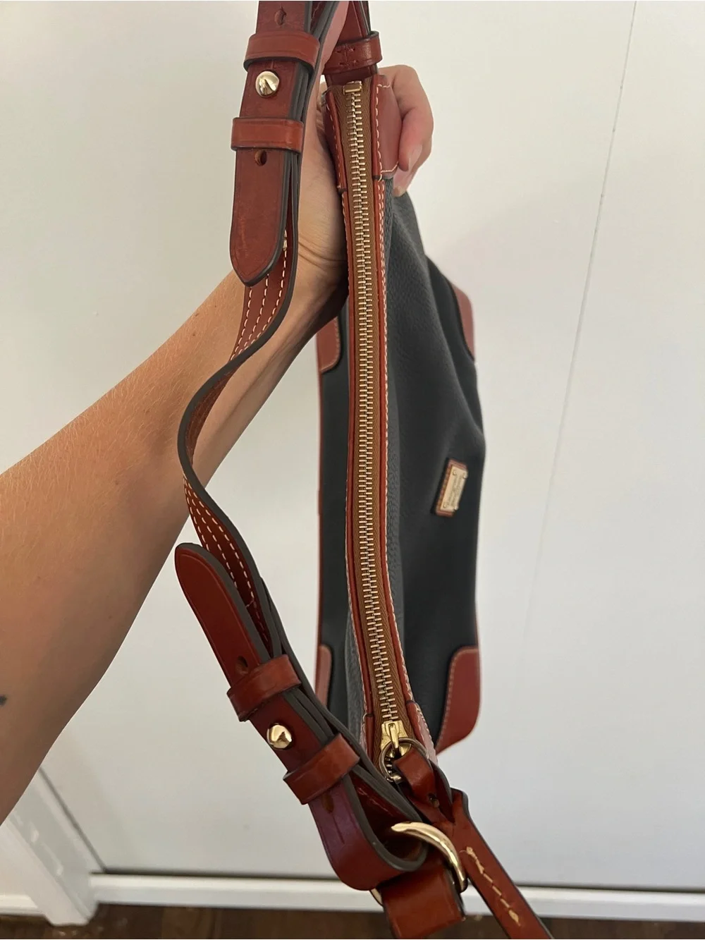 Dooney & Bourke Black Leather Shoulder Bag with Brown Trim